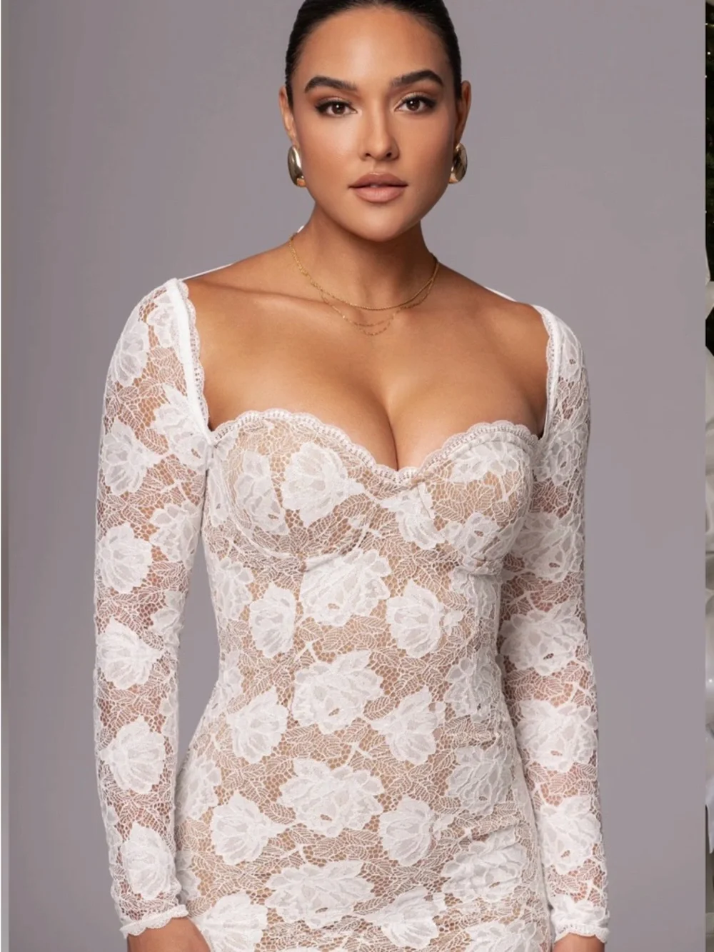 JLUXLABEL Ivory Lace Long Sleeve sweetheart Midi Dress - Picture 2 of 4